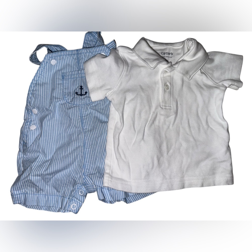 Carters Striped Blue Anchor Romper with White Polo Top 3M